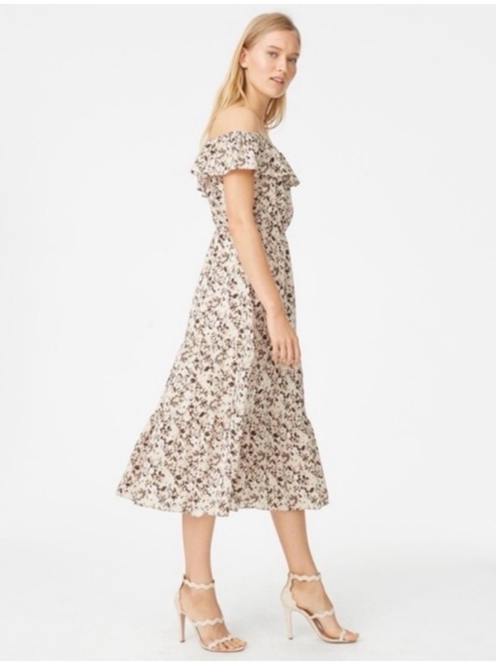 Club Monaco Cream Floral Off-Shoulder Midi Dress